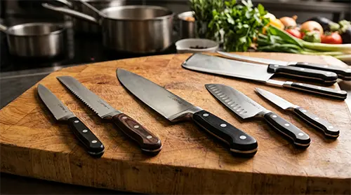 Couteaux professionnels sur plateau découpe